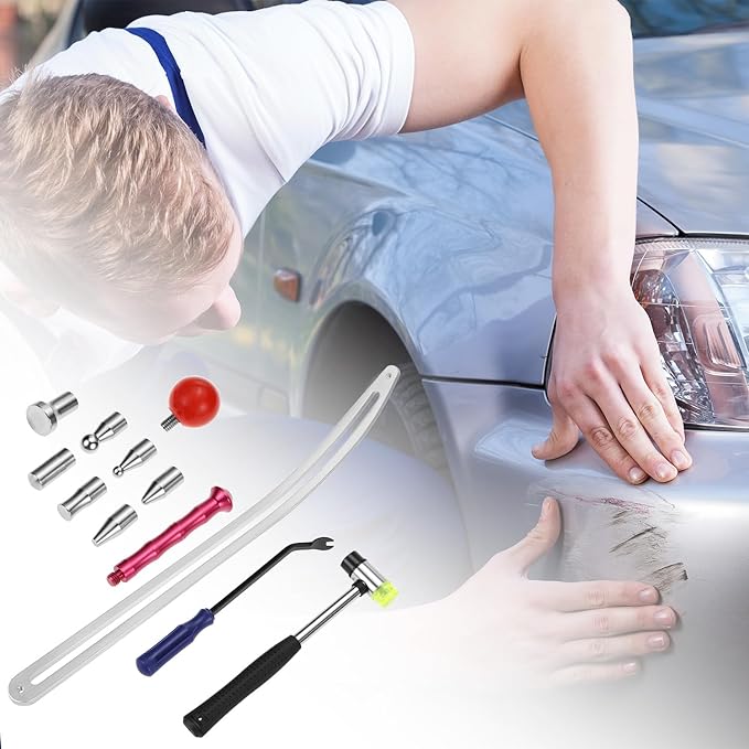 QWORK Car Dent Removal Tool Kit, Stainless Steel Auto Fender Repair Puller, Crowbar Tools Hook Rods, Lifter Big Curved Rod, with Curved Rods, Rubber Mallet, and Hooks