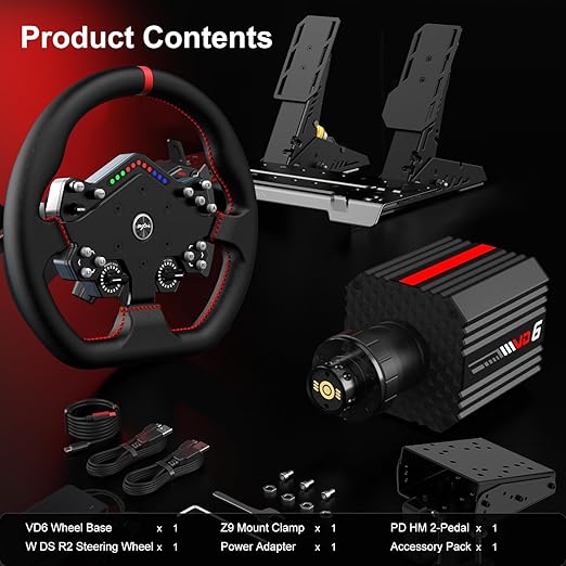 PXN VD6 Direct Drive Bundle - PC Steering Wheel and Pedals – 6 Nm Direct Drive Servo Motor Base, W DS R2 Racing Wheel, Hall Effect 2-Pedal, and Table Clamp – Professional Sim Racing Setup for Windows PC (7–11)