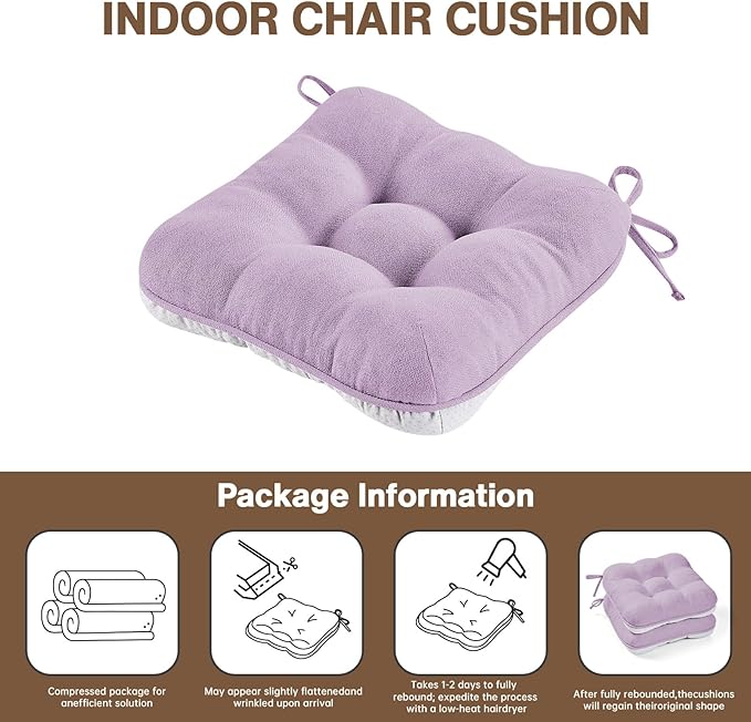 BETU Chair Cushions for Dining Chairs Set of 4,3.5" Thick Kitchen Table Chair Pads with Ties,Non Slip Backing and Covers, Seat Cushion for Dining Room,Bar,Patio Chairs,15.5"X15.5"X3.5",Purple