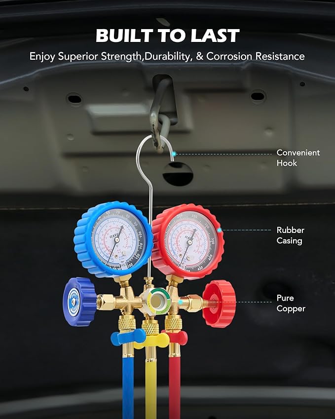 Orion Motor Tech AC Gauges, AC Manifold Gauge Set for R134a R12 R502 Refrigerant, 3 Way Car with 5FT Hoses Couplers & Adapter, Puncturing & Self Sealing Can Tap Freon Charge Kit