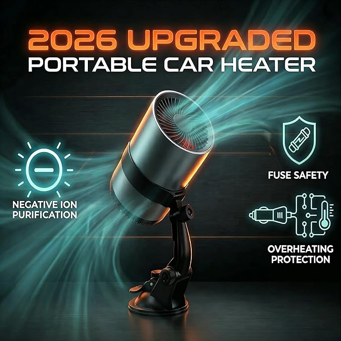 Portable Car Heater, 12V Car Heater for Vehicle, Plugs into Cigarette Lighter, Windshield Defroster&Defogger, 2-in-1 Fast Heating & Cooling Fan, Suction Holder, 2026 Upgraded Air Purified&Fuse Safety