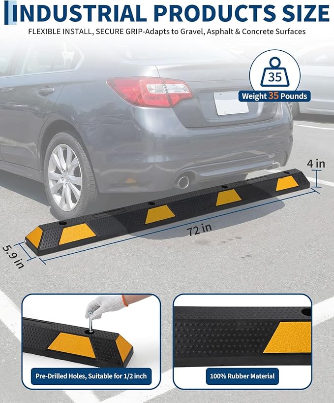 GlowSol 72 inch Rubber Parking Curb Wheel Stop 2 Pack, 6ft Heavy Duty Synthetic Rubber Speed Bump for Parking Lot Driveway, Yellow & Black - Premium 90%+ Rubber Curb with 8 Nails & Gloves