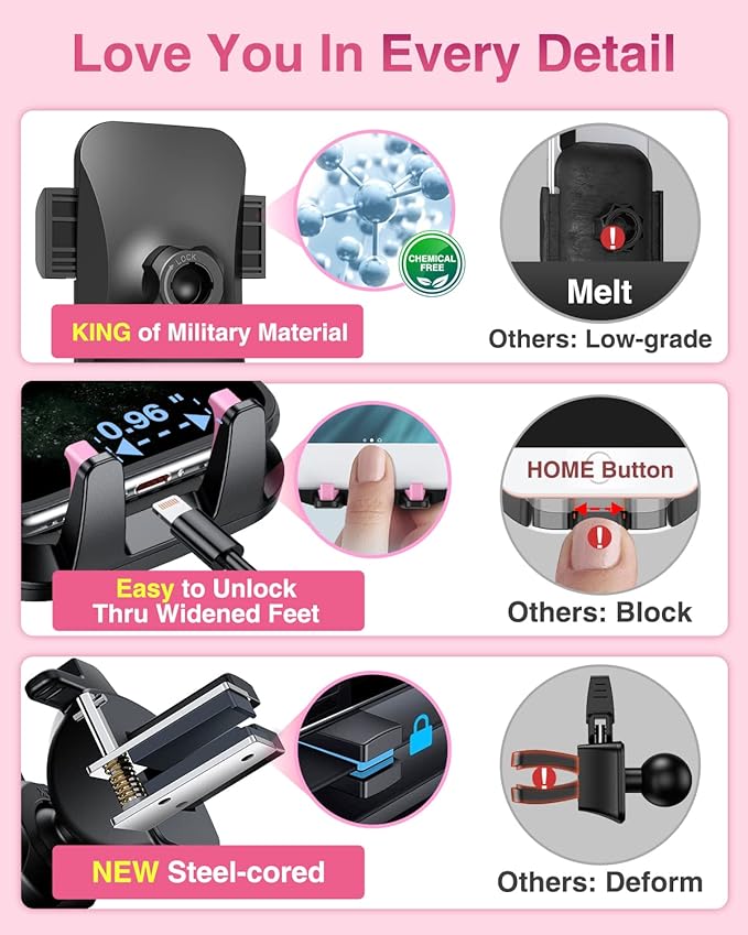 VANMASS【85+LBS Strongest Suction & Military-Grade Ultimate Car Phone Mount【Patent & Safety Certs】 Cell Phone Holder for Dash Windshield Vent for iPhone 17 Pro Max Automobile Accessory Kits,Light Pink