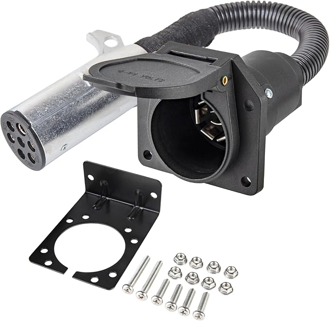 MECMO 7 Pin Round to 7 Pin Flat Adapter for Tractor Towing, 7 Pole Round to 7 Way RV Blade Trailer Connector Plug, SAE J560 Trailer Wiring Harness Adapter for Semi Truck Tractors Commercial Vehicle