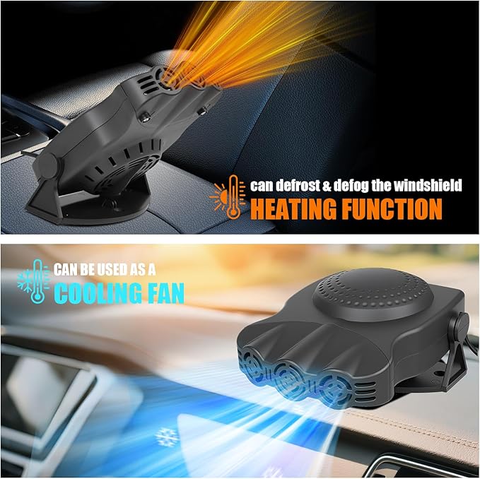 Car Heater 12V 200W 2-in-1 Defroster & Defogger, Fast Heating, Large Airflow, 360° Rotation, Durable High-Temp Design for All 12V Vehicles