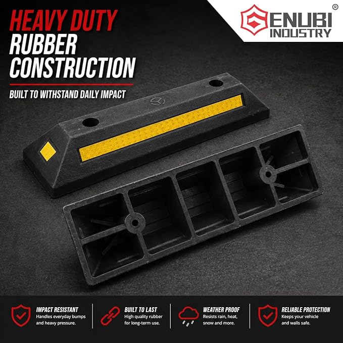 Curb Garage Vehicle Floor Parking Stopper, Heavy Duty Rubber Parking Lot Driveway Stopper with Yellow Refective Stripes for Car Vans Trucks RVs Trailer Tire Wheel Guide Block Protect Bumper, 1PC