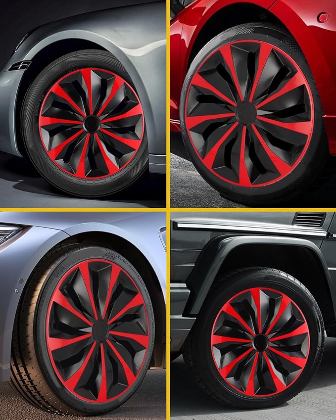 ABX Hubcaps,16 inch hubcaps Set of 4, Wheel Rim Cover ABS Material, Snap On Car Truck SUV Replacement, for Toyota Camry Nissan Mazda etc, Black & Red