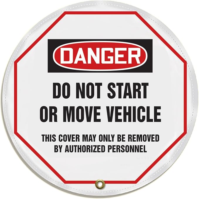 Accuform KDD814 STOPOUT Vinyl Steering Wheel Message Cover OSHA-Style Legend DANGER DO NOT START OR MOVE VEHICLE - THIS COVER MAY ONLY BE REMOVED BY AUTHORIZED PERSONNEL 16 Diameter Red/Black on White