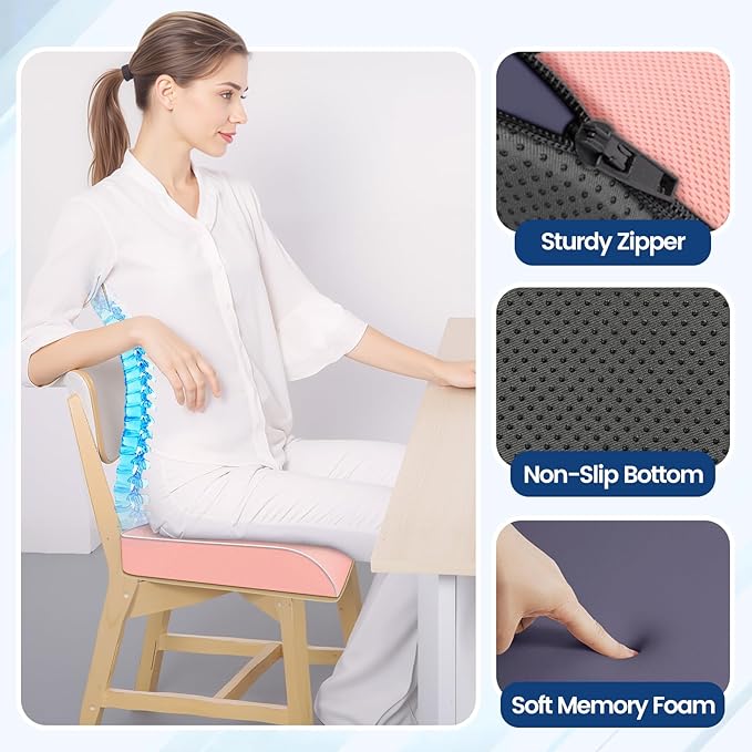 SweetSlubr Seat Cushion for Tailbone Pain Relief, Office Chair Cushion, Memory Foam Large Chair Cushion with Non-Slip Cover for Soft Support at Office Chair, Car Seat, Airplane Pink/Large