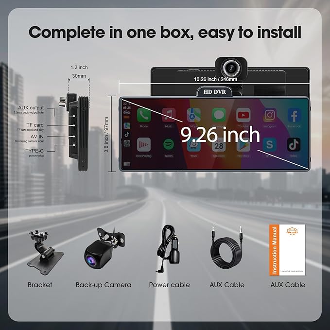 Haudio Wireless Carplay Screen for Car, 10.26" Portable Car Radio with Apple CarPlay & Android Auto, Backup Camera/Mirror Link/GPS/BT/Voice Control/AUX/FM Satellite Radio for All Vehicles