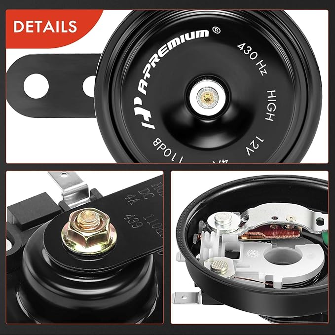 A-Premium Disc Horn High Universal Electric Horn - 12V 110 dB - Compatible with Passenger Car, Commercial/Off-Road Vehicle, ATVs, Scooter, Dirt/Pocket Bikes, Motorcycles & More, 76 mm