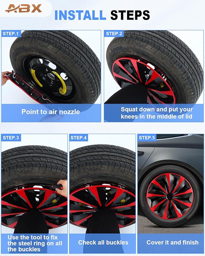 ABX Hubcaps,15 inch hubcaps Set of 4, Wheel Rim Cover ABS Material, Snap On Car Truck SUV Replacement, for Toyota Camry Nissan Mazda etc, Black & Red