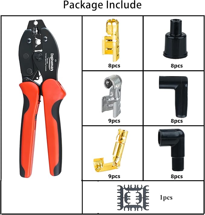 Spark Plug Wire Crimping Tool Kit, Ratchet Spark Plug Crimper for Crimping and Stripping Plug, 26PCS 180 °/90 °/Straight Spark Plug Coil Terminals and 24PCS Terminals Boots