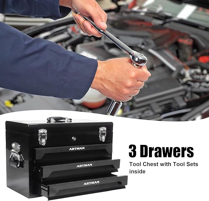 20" Portable 3 Drawer Steel Toolbox,Built in Tool Set,4 Layers of Tools with Metal Latches, with Top Storage Tray and carrying Handle, Multi-Function Tool Storage for Garage, Home,or Workbench