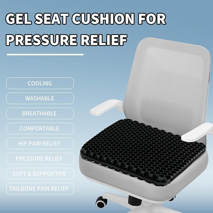 Gel Seat Cushion for Long Sitting - 16.5" x 14.5" x 2.4" (Extra Thick&Soft) Gel Cushion for People Over 185 lbs, Pressure Relief Cushion for Office Chair, Egg Cushions for Wheelchair, Gel Pad for Car