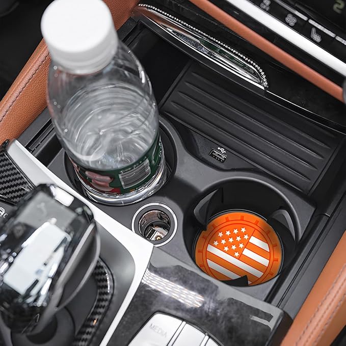 AUCELI 2 Pack Car Cup Holder Coasters, Colored American Flag US Flag Insert Car Cup Coaster, 2.75 Inch Anti Slip Shockproof Embedded Drink Mat, Vehicle Interior Decor Accessories