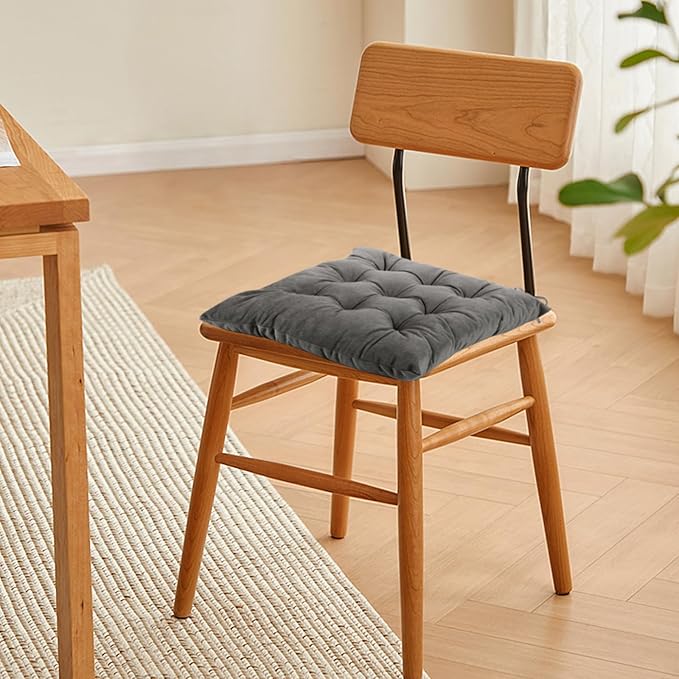 4 Pack Square Seat Cushion Chair Pads for Kitchen Dining Chairs, Soft Comfort Velvet Chair Mat Pillow Cushions with Ties for Office Desk Living Room Tatami 15.5", Dark Gray