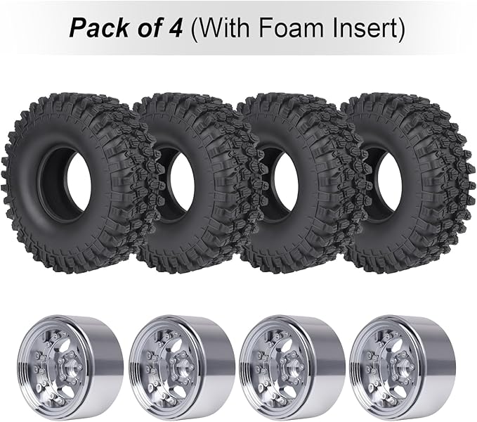 HobbyPark Negative Offset -10mm Deep Dish Aluminum Chrome 1.9 Beadlock Wheels and 1.9 Tires Good Grip for 1/10 RC Crawler Axial SCX10 TRX4 VS410 Gen8 RC4WD, Set of 4