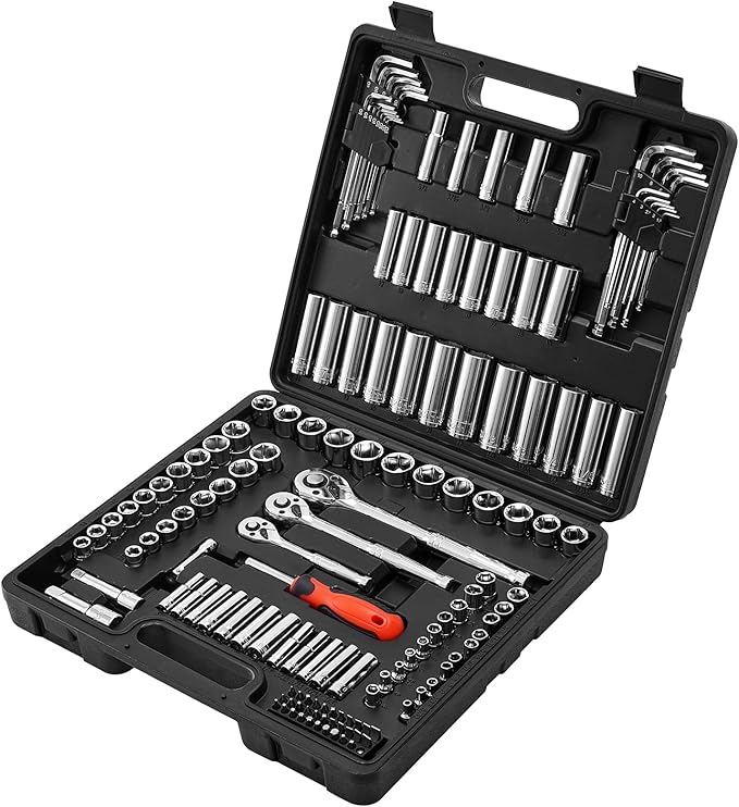 VEVOR Socket Set, 149 Pieces, 3/8 & 1/4 & 1/2 inch Drive Socket and Ratchet Set, SAE and Metric, Deep and Shallow, Mechanic Tool Kit with Bits, Accessories, Storage Case, CR-V Alloy Steel, for Repair