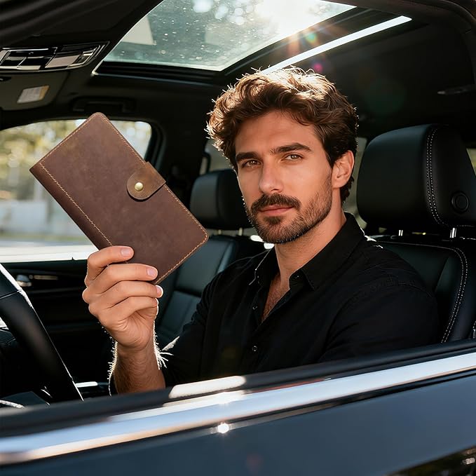 CoBak Genuine Leather Car Registration and Insurance Holder–Luxury Vehicle Glove Box Organizer, Premium Auto Document Case with Magnetic Closure for License, Cards & Papers,Brown