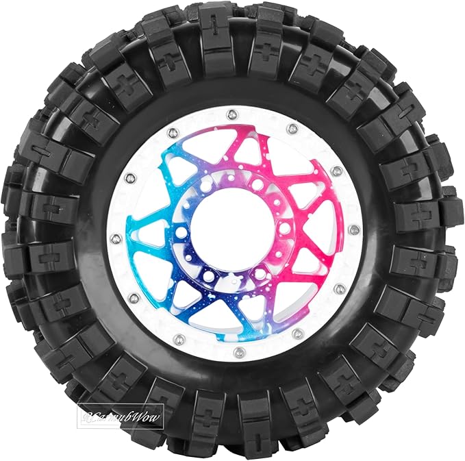 1/10 Scale RC Truck Tires,Wheels and Tires w/12MM/14MM Hex for Rustler Stampede Hoss, Granite Vorteks Big Rock 3S,1/10 Off Road Tires Rubber Truck Tyres w/Foam Insert,Multicolored