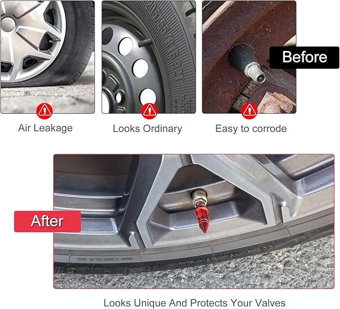 SINGARO 45mm Spiked Aluminum Stem Valve Caps,4PCS Dustproof Tire Wheel Stem Caps for Cars,SUVs,Trucks Bicycles and Motorcycles(Red)