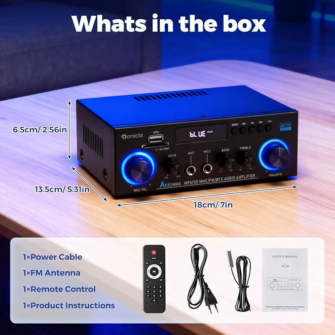 Romicta AK50MAX Stereo Audio Amplifier, Home Audio Stereo Receiver Bluetooth 5.0 with 400W 2.0 Channel FM Radio, Echo, USB, SD Card, AUX with Remote Control Home Theater Audio Stereo System