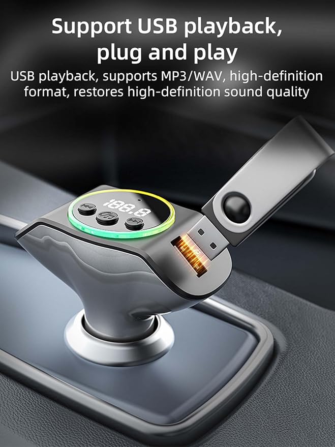 Bluetooth 5.3 FM Transmitter for Car, Wireless Car Adapter with QC3.0/PD30W Fast Charging, Hands-Free Calling, AUX/USB Playback, Navigation Broadcast & 7-Color Mood Light, Ideal for Older Cars/Trucks