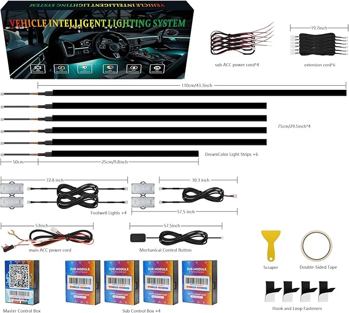 Dreamcolor Acrylic Car Interior Lights 10 in 1 RGB LED Strip Lights APP Control Zoned Control System 252 Color Modes DIY Fiber Optic Ambient Lighting Kits Music Car Neon Light Kits New Version