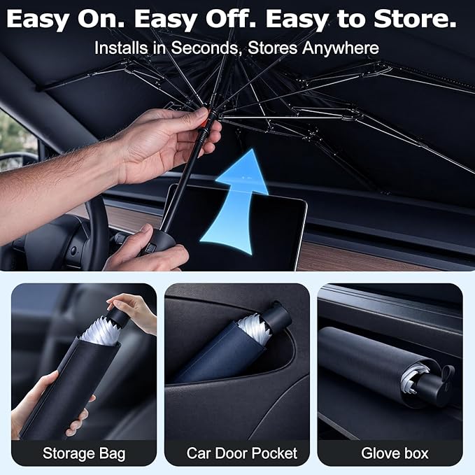 2026 Upgraded DooGooCoo Windshield Sun Shade Umbrella for Car, Reinforced Frame, UV Block Heat Shield, Keeps Interior Cooler, Foldable Front Windshield Cover, Small (52"x31")