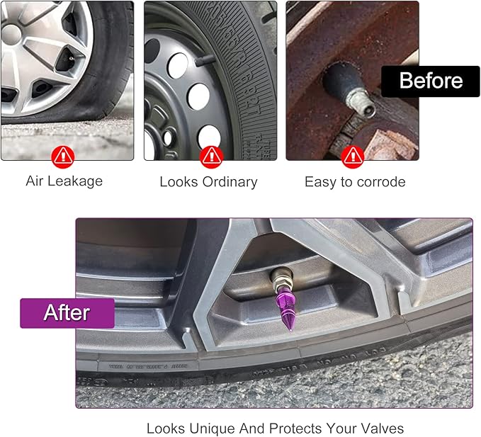 SINGARO 45mm Spiked Aluminum Stem Valve Caps,4PCS Dustproof Tire Wheel Stem Caps for Cars,SUVs,Trucks Bicycles and Motorcycles(Purple)