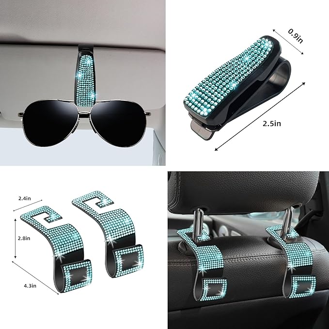 NBTEPEM 27 PCs Aquamrine Bling Car Accessories Set for Women, Steering Wheel Covers Universal Fit 15 Inch, Bling License Plate Frame, Bling Phone Holder, Bling Car Coasters (Aquamrine Diamond)
