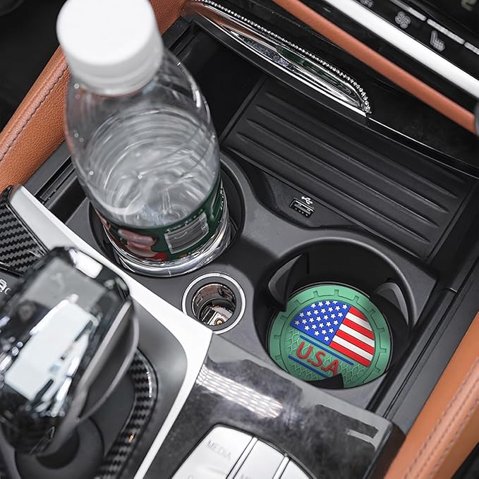 AUCELI 2 Pack Car Cup Holder Coasters, Colored American Flag US Flag Insert Car Cup Coaster, 2.75 Inch Anti Slip Shockproof Embedded Drink Mat, Vehicle Interior Decor Accessories