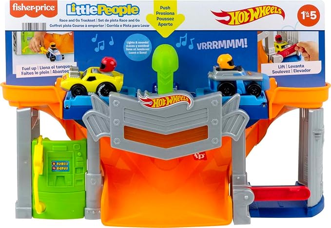 Fisher-Price Little People Hot Wheels Toddler Toy Race and Go Track Set with Lights Sounds & 2 Cars for Pretend Play Kids Ages 18+ Months
