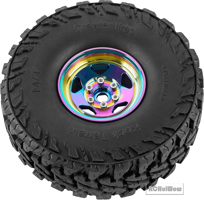 RC Alloy 1.9" Beadlock Wheels and Tires for 1/10 RC Crawler TRX4 SCX10 SCX10 III 90046 D90,1.9 RC Wheels and Tires 1.9 Beadlock Tires RC Rims,4 Packs,Rainbow
