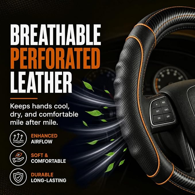 18 Inch Semi Truck Steering Wheel Cover for Freightliner Cascadia, Kenworth T680 T880, Peterbilt 579, Volvo VNL - Anti-Slip Carbon Fiber Grip - Carbon Orange