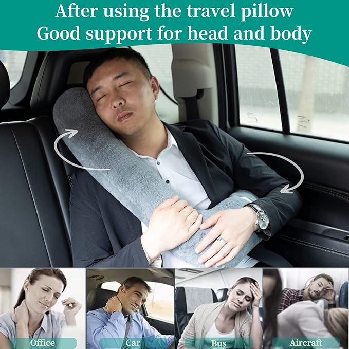 FHSGGP Travel Pillow Upgraded Version of Aircraft Travel Neck Pillow with Storage Bag, Sleep Pillows for Travel by Train, Car, or Plane, Supporting The Head and Body, Travel Pillow for Kids Blue