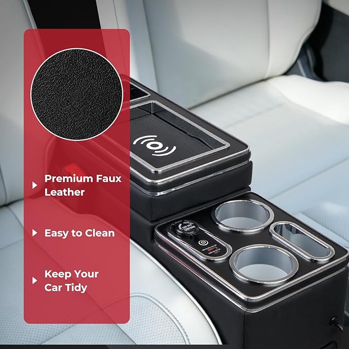 Center Console Between Seat Organizer for Minivans & SUVs - with Wireless Charging Pad, Blue LED Ambient Light, Phone Holder & Cup Holders, Middle Van Floor Console Storage Box (Black)