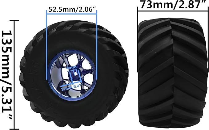 5.31''OD Rubber Tires & Wheel Rim 12mm Hex Hub Compatible with Traxxas Rustler HPI HSP Volcano Tamiya Exceed Himoto 1/10 Off-Road Monster Truck,135mmx73mm (Blue)