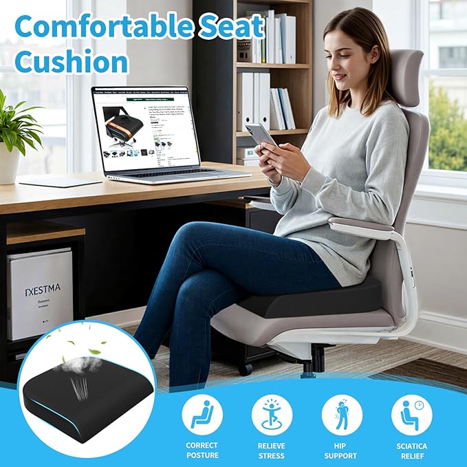 TranquilRelax XLarge Seat Cushion,Soft Foam Cushion for Long Sitting Hours on Office Chair, Home & Car, Non-Slip Chair Pad for Relieving Back & Sciatica & Hip & Coccyx Pain (Black)