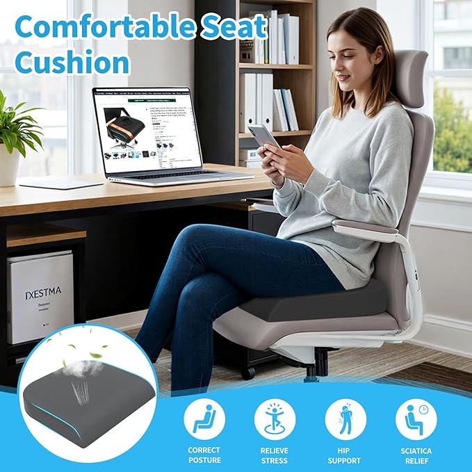 TranquilRelax Large Seat Cushion,Soft Foam Cushion for Long Sitting Hours on Office Chair, Home & Car, Non-Slip Chair Pad for Relieving Back & Sciatica & Hip & Coccyx Pain (Grey)