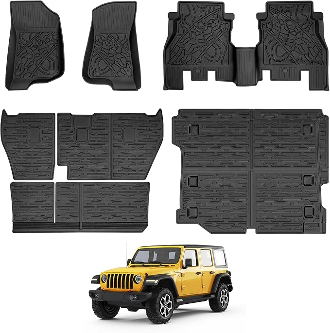 Cargo Mats for 2018-2025 Jeep Wrangler JL 4X4 Floor Liners with Trunk Mat Backrest Mat All Weather TPE Protector Rear Floor Trunk Liners for 18-25 Wrangler JL 4X4 4 Door Accessories