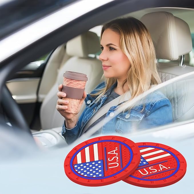 AUCELI 4 Pack Car Cup Holder Coasters, Colored American Flag US Flag Insert Car Cup Coaster, 2.75 Inch Anti Slip Shockproof Embedded Drink Mat, Vehicle Interior Decor Accessories