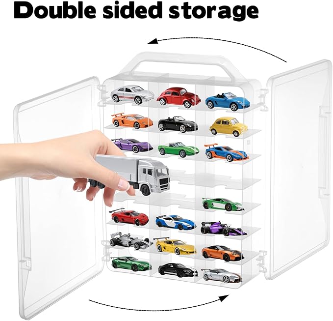 2Pcs Double Sided 1/64 Scale Toy Car Storage Case with Carrying Handle, Portable Transparent Storage Case Compatible with Matchbox Car Hot Wheels, 92 Slot Transparent Organizer for 96 Toy Cars