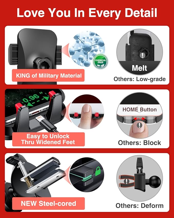 VANMASS【85+LBS Strongest Suction & Military-Grade Ultimate Car Phone Mount【Patent & Safety Certs】 Cell Phone Holder for Dash Windshield Vent for iPhone 17 Pro Max Automobile Accessory Kits,Red
