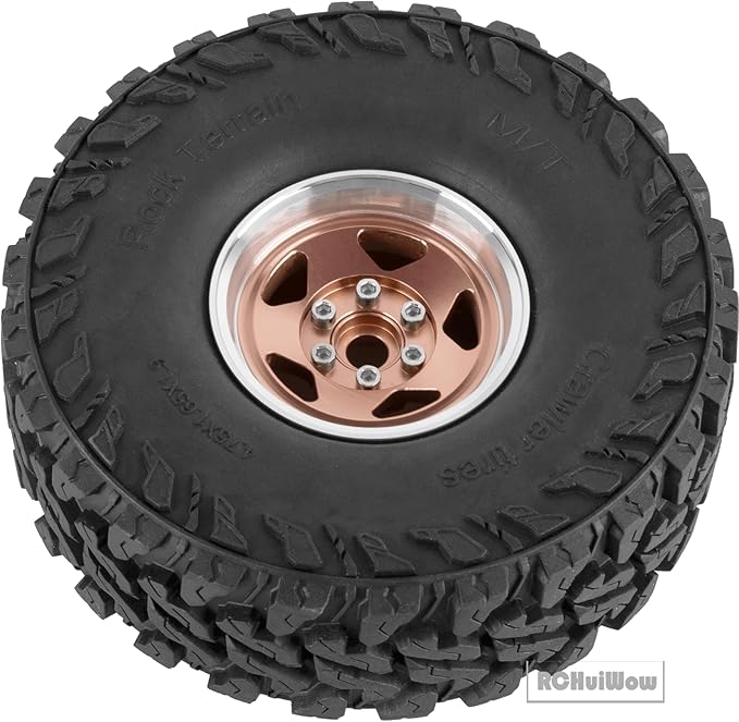 RC Alloy 1.9" Beadlock Wheels and Tires for 1/10 RC Crawler TRX4 SCX10 SCX10 III 90046 D90,1.9 RC Wheels and Tires 1.9 Beadlock Tires RC Rims,4 Packs,Brown