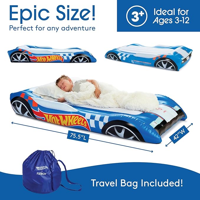 Hot Wheels & FUNBOY Kids Sleepover Bed & Air Mattress. Perfect for Sleepovers. Includes Carrying Storage Bag, Twin