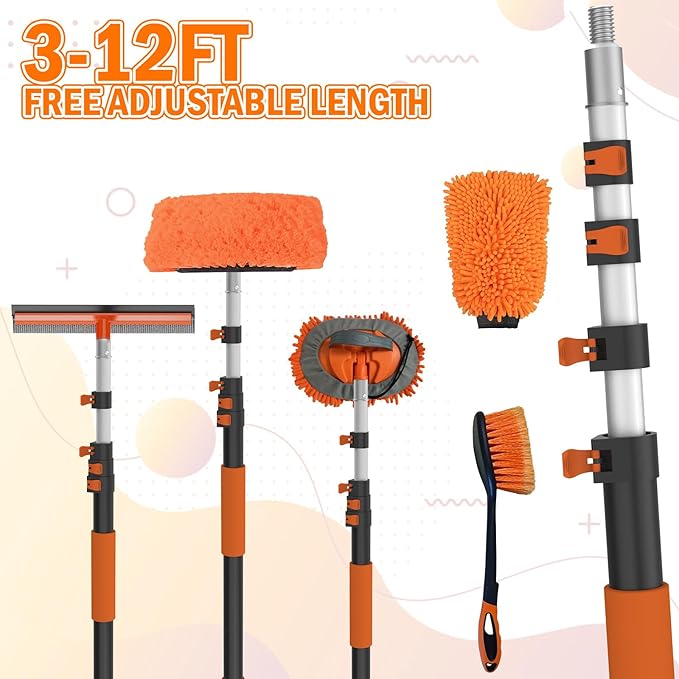 12FT Car Wash Brush with Long Handle, Car Cleaning Kit with Soft Bristle Wash Brush, Microfiber Cleaning Mop, Window Squeegee, Mitt, Wheel Brush for RV, Truck, Boat, House Siding