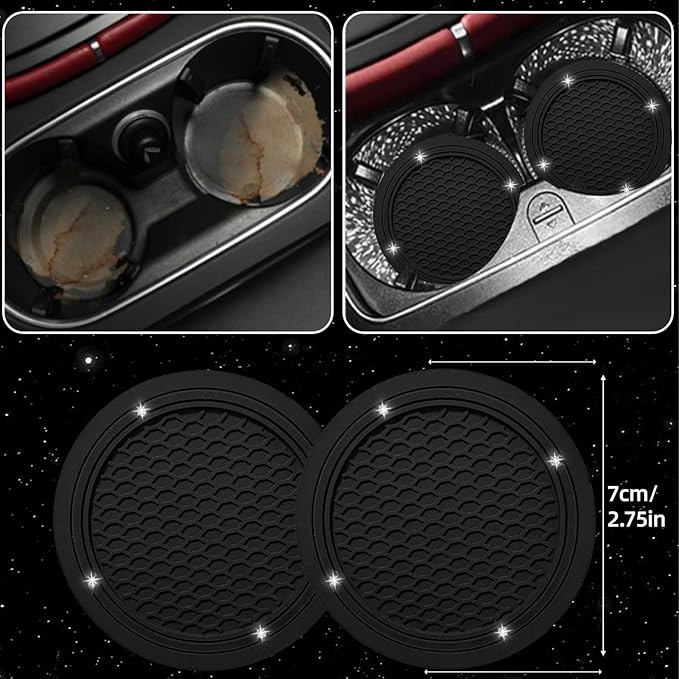 NBTEPEM 6 PCS Bling Car Accessories Set, Leather Steering Wheel Covers Universal 14.5-15 inch, Center Console Cover, Seat Belt Cushion, Cup Holder Coaster (Black)