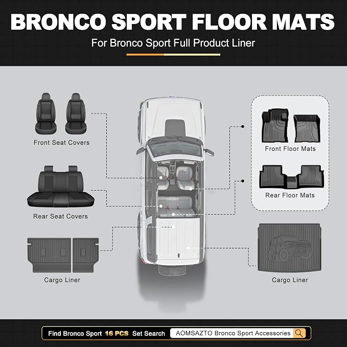 AOMSAZTO Floor Mats for Ford Bronco Sport 2021 2022 2023 2024 2025 2026-1st & 2nd Row All Weather Protection Car Floor Liners Waterproof Mats